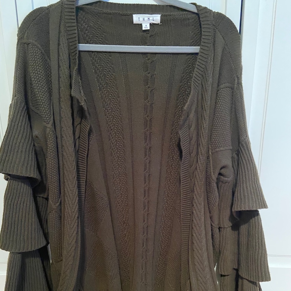 Olive Green Cardigan with Ruffle Sleeves - Picture 5 of 5